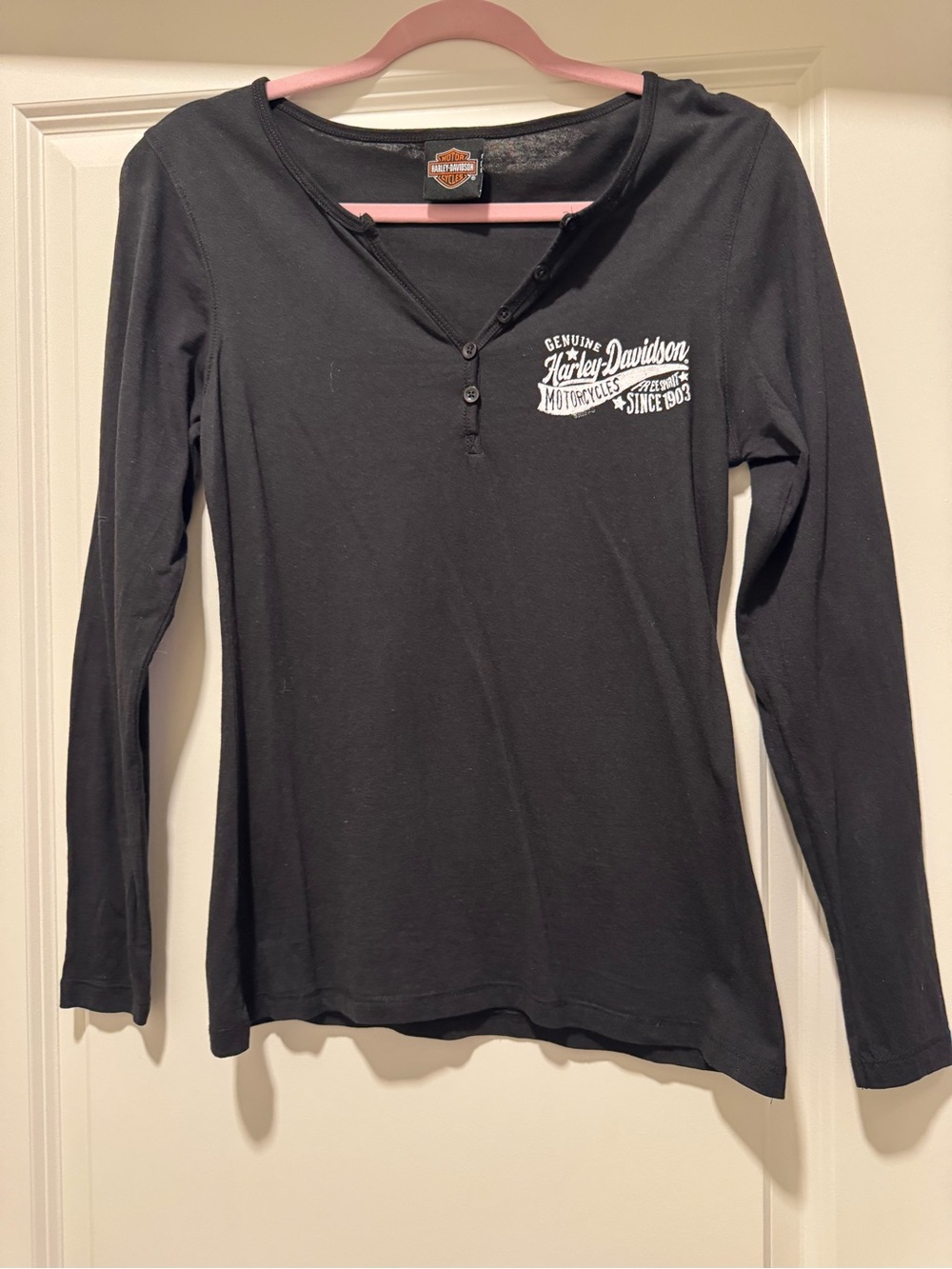 Harley-Davidson Women's Henley Button Long Sleeve Black T-Shirt XS Laconia NH